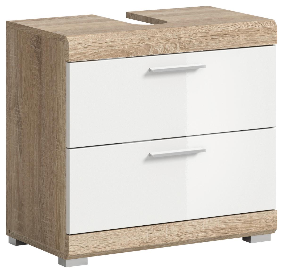 Waschbeckenunterschrank Lambada ca. 60x56cm Eiche/Weiß - Weiß Hochglanz/Silberfarben, MODERN, Holzwerkstoff/Kunststoff (60/56/37cm) - MID.YOU