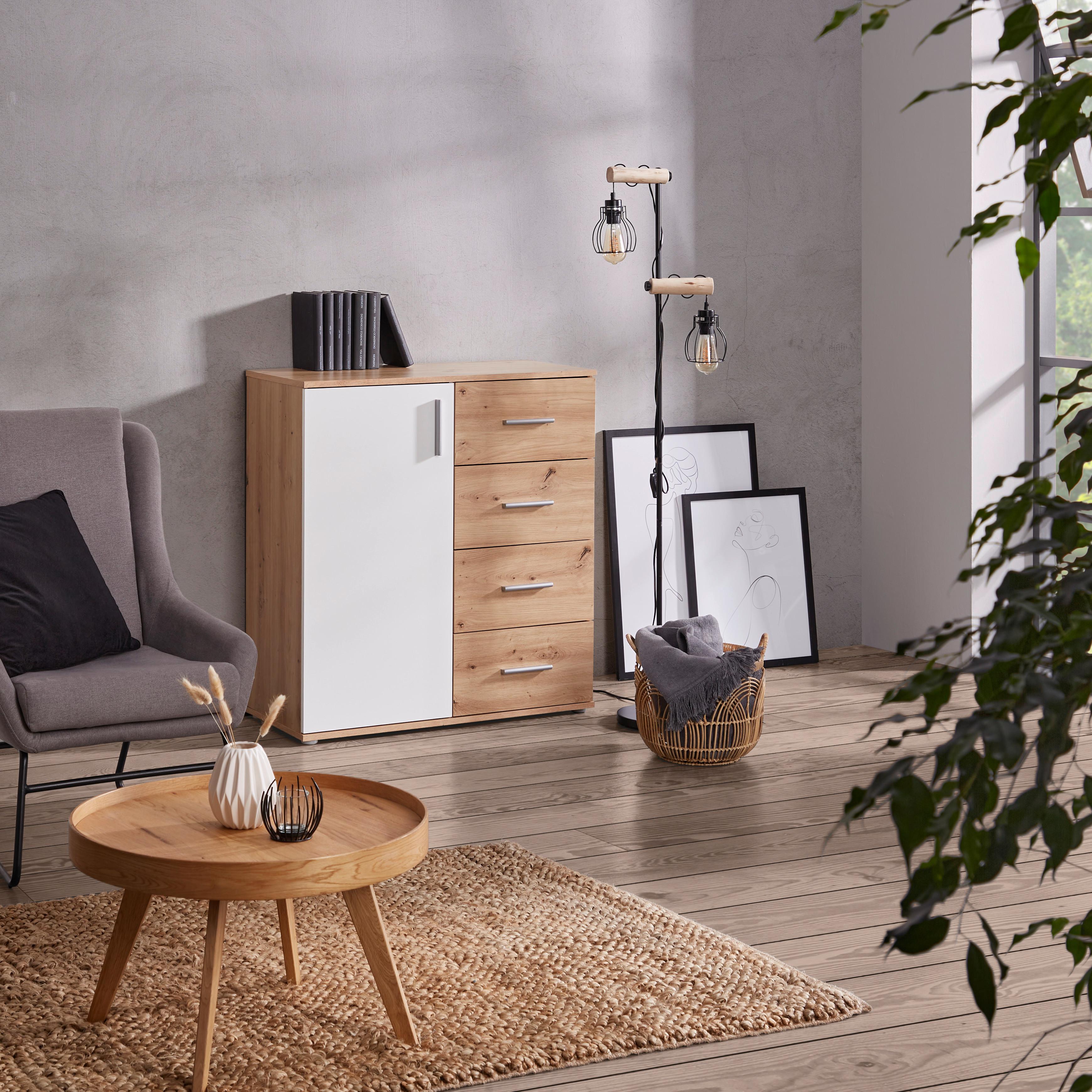 Komoda Ina 02, Barva Hrasta, Bela - bela/barve aluminija, Moderno, umetna masa/leseni material (88,2/94,8/38,3cm) - Mömax