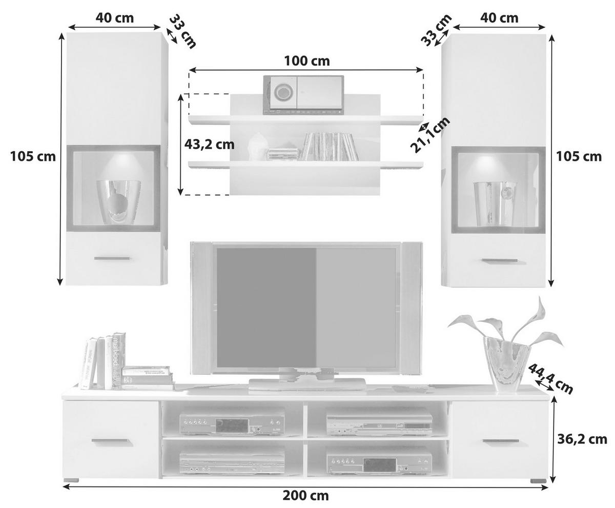 Dnevni Regal Snow, Bela, Osvetlitev, 4-Delni - črna/bela, Design, umetna masa/steklo (200/185/45cm) - MID.YOU