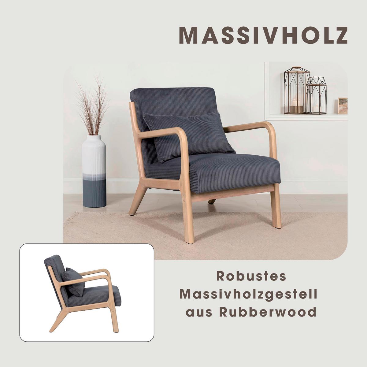 Sessel NOHR Grau, Cord - Braun/Grau, Basics, Holz/Textil (65/81/76cm) - MID.YOU