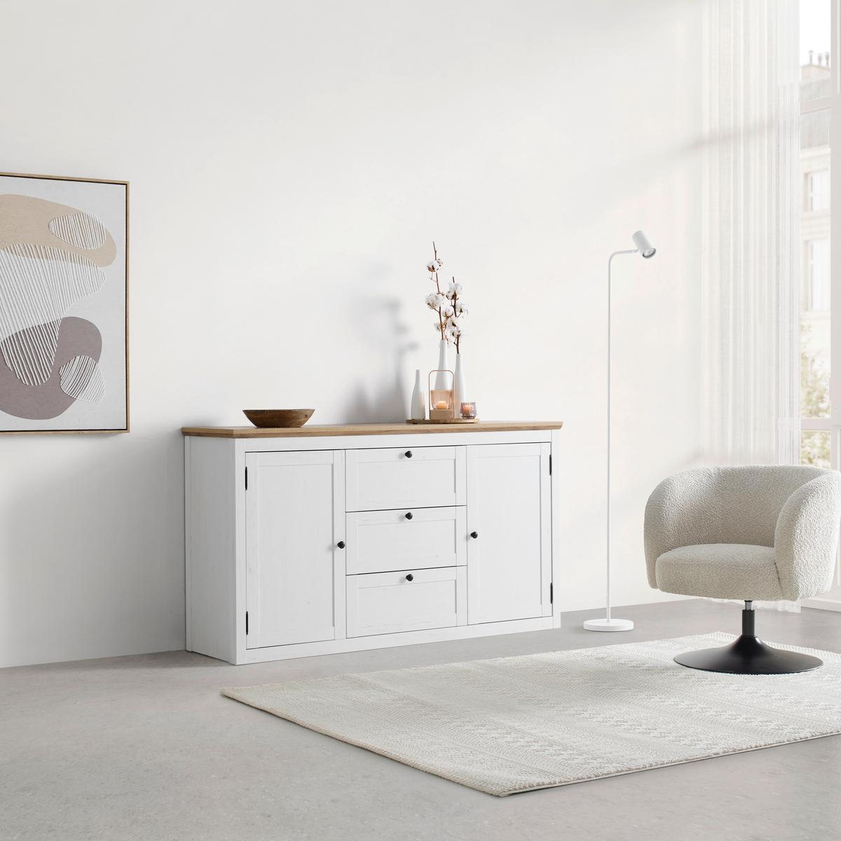 Sideboard Korsika Eichefarben/Weiß - Eichefarben/Schwarz, ROMANTIK / LANDHAUS, Holzwerkstoff/Metall (150/85/43cm) - Mömax