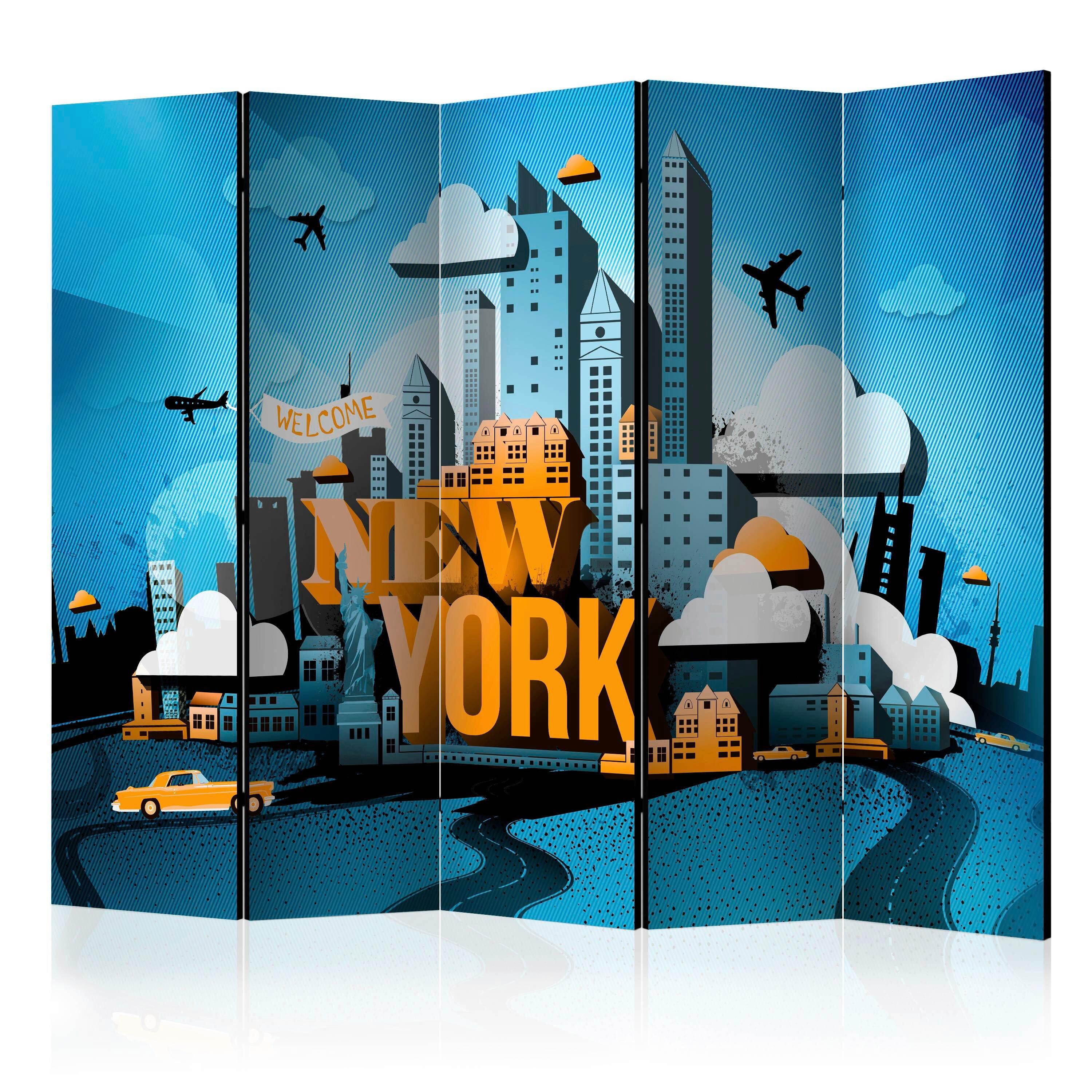 Paravan New York, 5-Delni, Dvostranski - svetlo modra/barve jantarja, Basics, tekstil/les (225/172/3cm) - artgeist