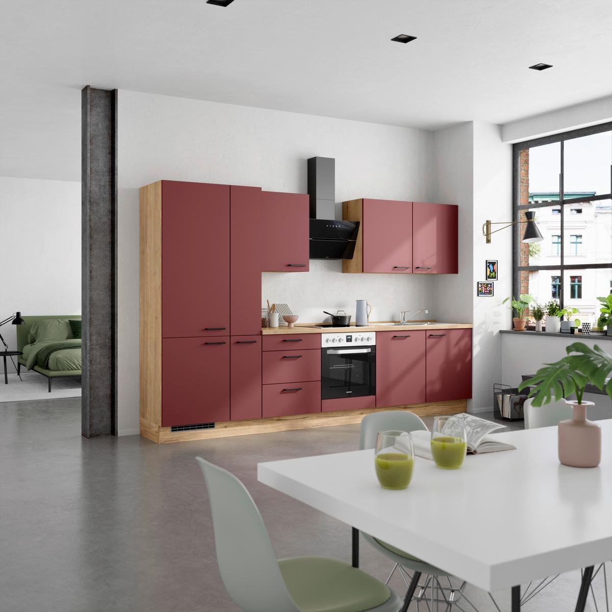Küchenblock Easytouch High m. Geräten Dunkelrot - Eichefarben/Schwarz, MODERN, Holzwerkstoff/Metall (330cm) - Nobilia