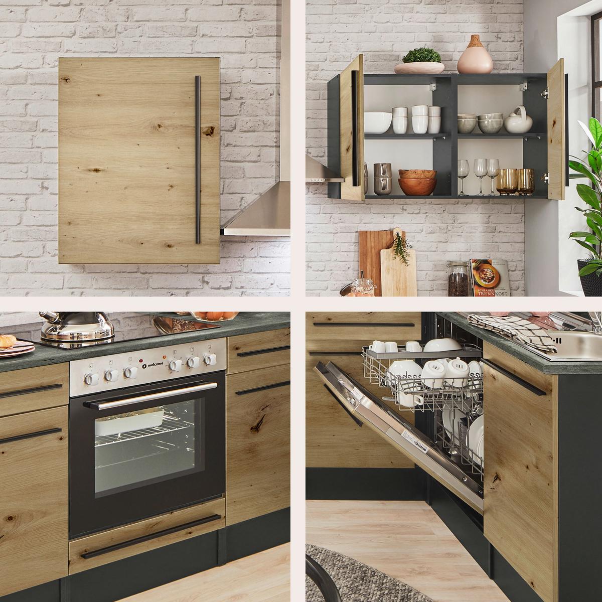 Eckküche Jazz mit Geräten ca.220x175cm Eiche/Anthrazit - Anthrazit/Schwarz, LIFESTYLE, Holzwerkstoff/Kunststoff (220/175cm) - P & B