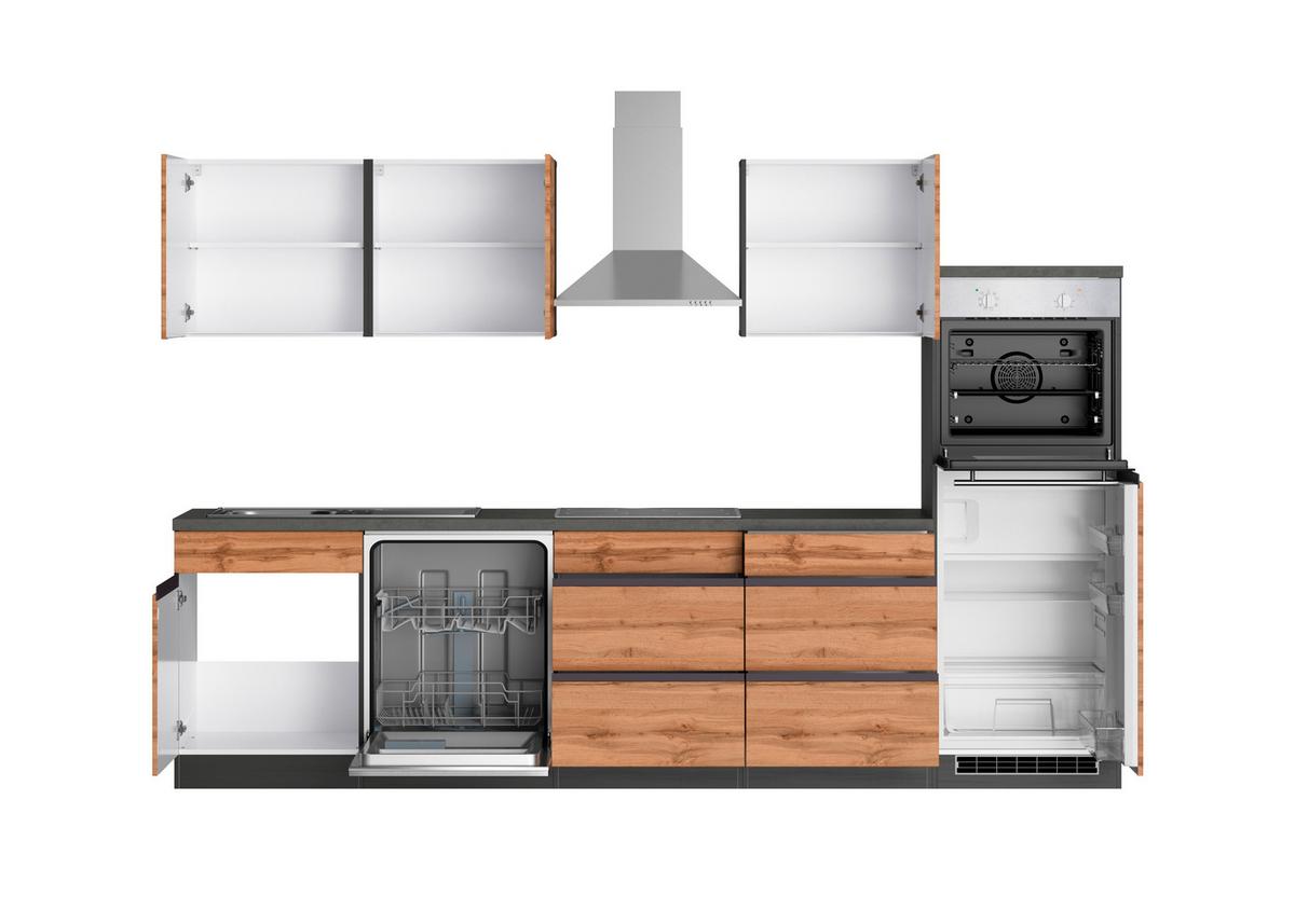 Küchenzeile Turin mit Geräten ca. 300 cm Graphit/Eiche - Eiche Wotan/Graphitfarben, Design, Holzwerkstoff (300cm) - Held