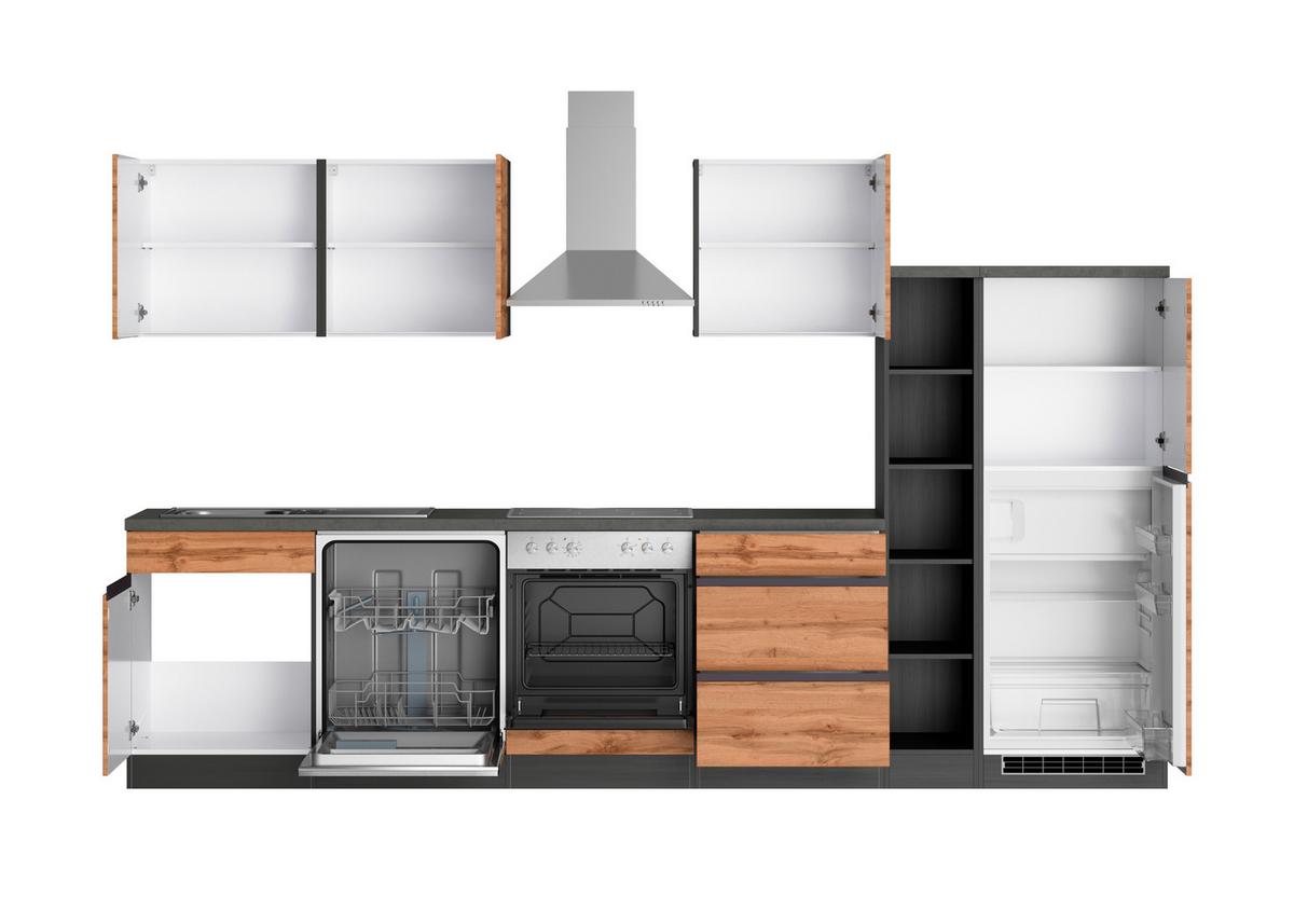 Küchenblock Turin mit Geräten ca. 330 cm Eiche/Grau - Eiche Wotan/Graphitfarben, Design, Holzwerkstoff (330cm) - Held