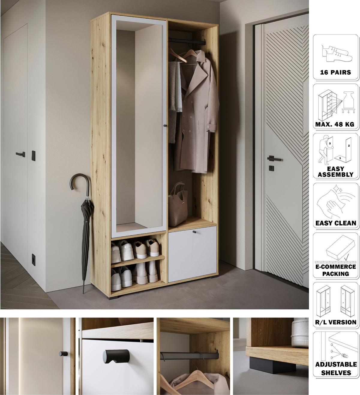 Garderobe Dino ca. 90x190 cm Eiche Artisan/Weiß - Weiß/Eiche Artisan, Trend, Holzwerkstoff (90/190/33cm) - MID.YOU