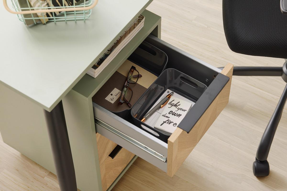 Rollcontainer Piazza Grün/Eichefarben - Eichefarben/Schwarz, MODERN, Holzwerkstoff/Kunststoff (32,60/59,7/39,10cm) - Mömax