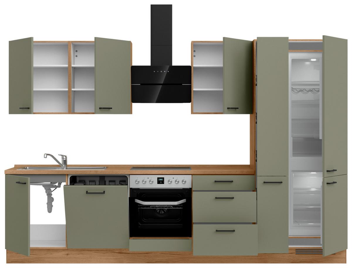 Küchenleerblock Senso High o. Geräte Olivgrün - Eichefarben/Schwarz, ROMANTIK / LANDHAUS, Holzwerkstoff/Metall (330cm) - Nobilia