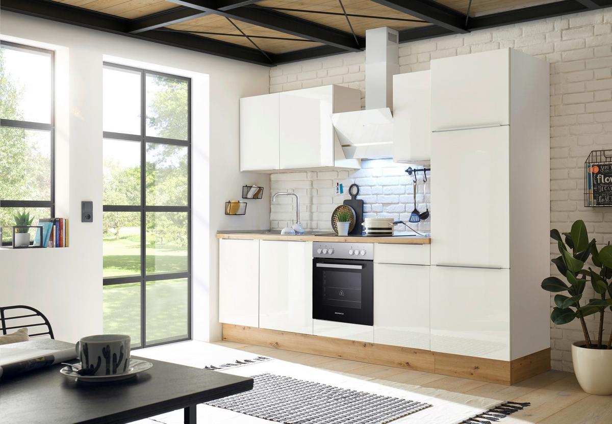 Küchenzeile mit Geräten Weiß Hochglanz B: ca. 280 cm - Weiß Hochglanz/Alufarben, LIFESTYLE, Holzwerkstoff/Kunststoff (280cm) - Respekta