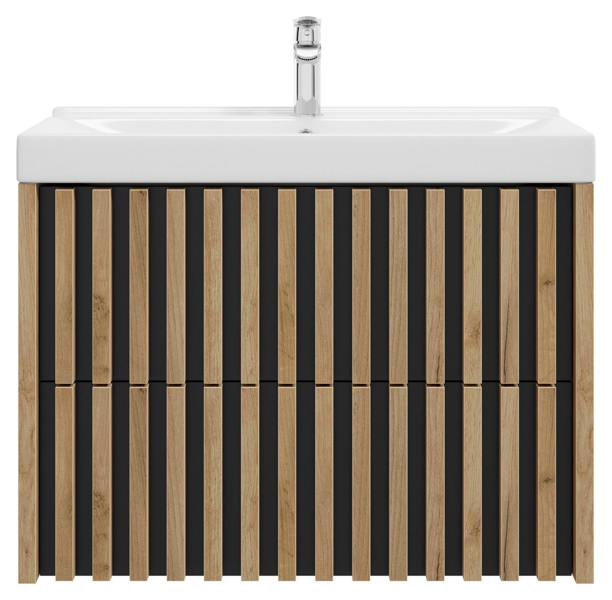 Bază cu lavoar Line - alb/culoare lemn stejar, Modern, ceramică/material pe bază de lemn (81cm) - Welnova