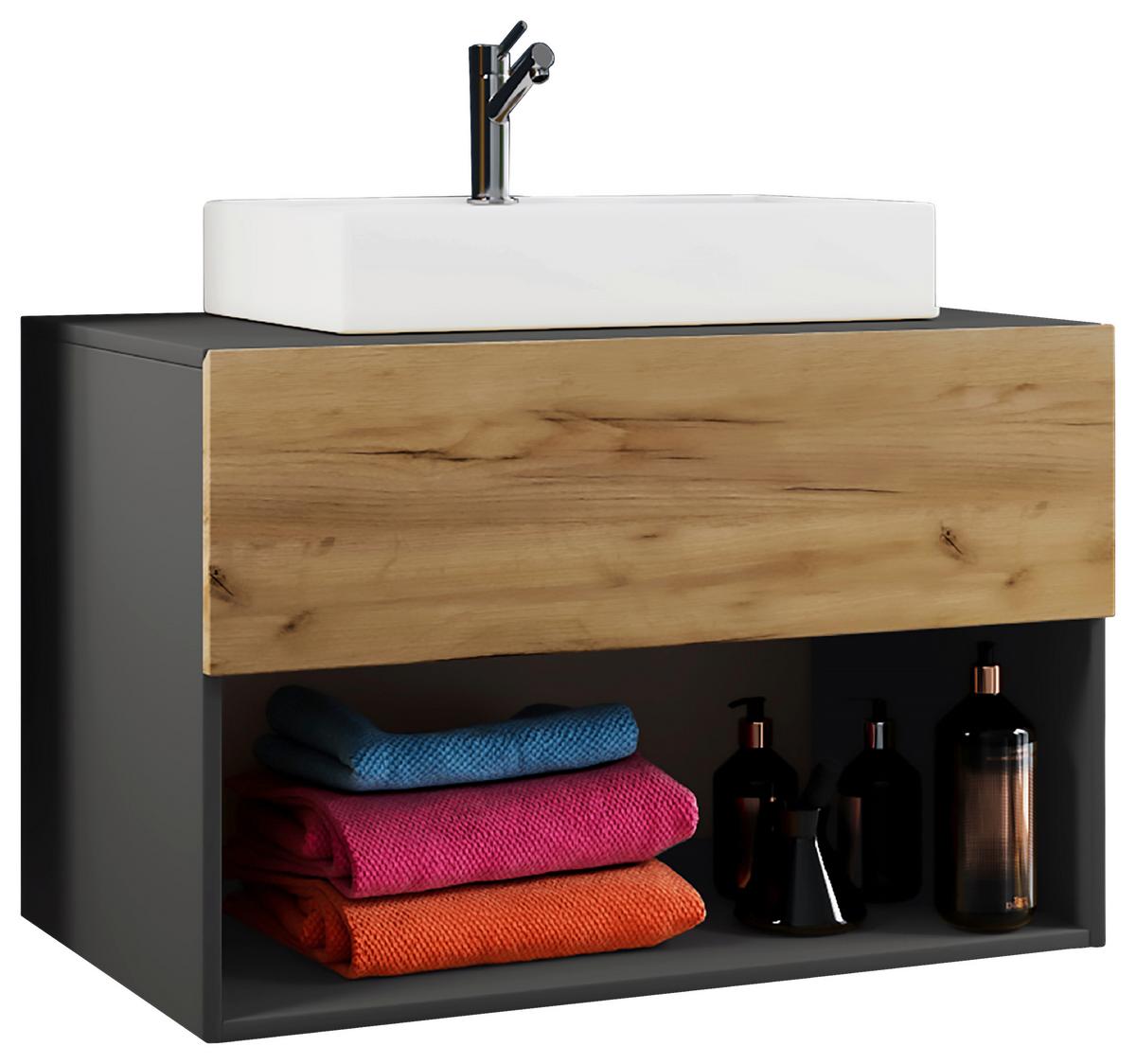Kombiniran Umivalnik Lendas, Siva, Hrast - bela/medeni hrast, Moderno, leseni material/keramika (80cm) - MID.YOU