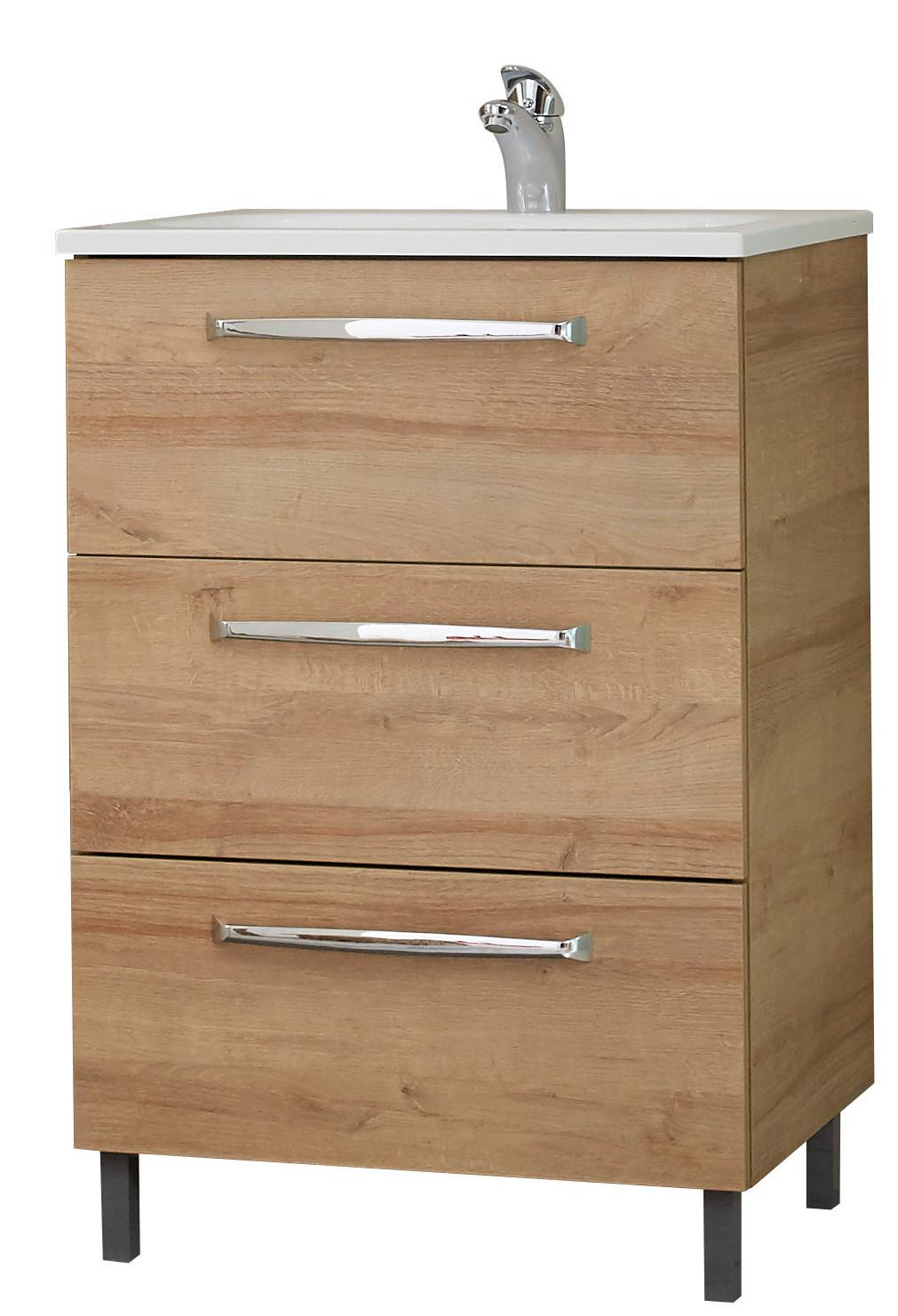 Mosdó Alsószekrény Luga 961 - króm/tölgyfa, Modern, faalapú anyag (60/77/43cm)