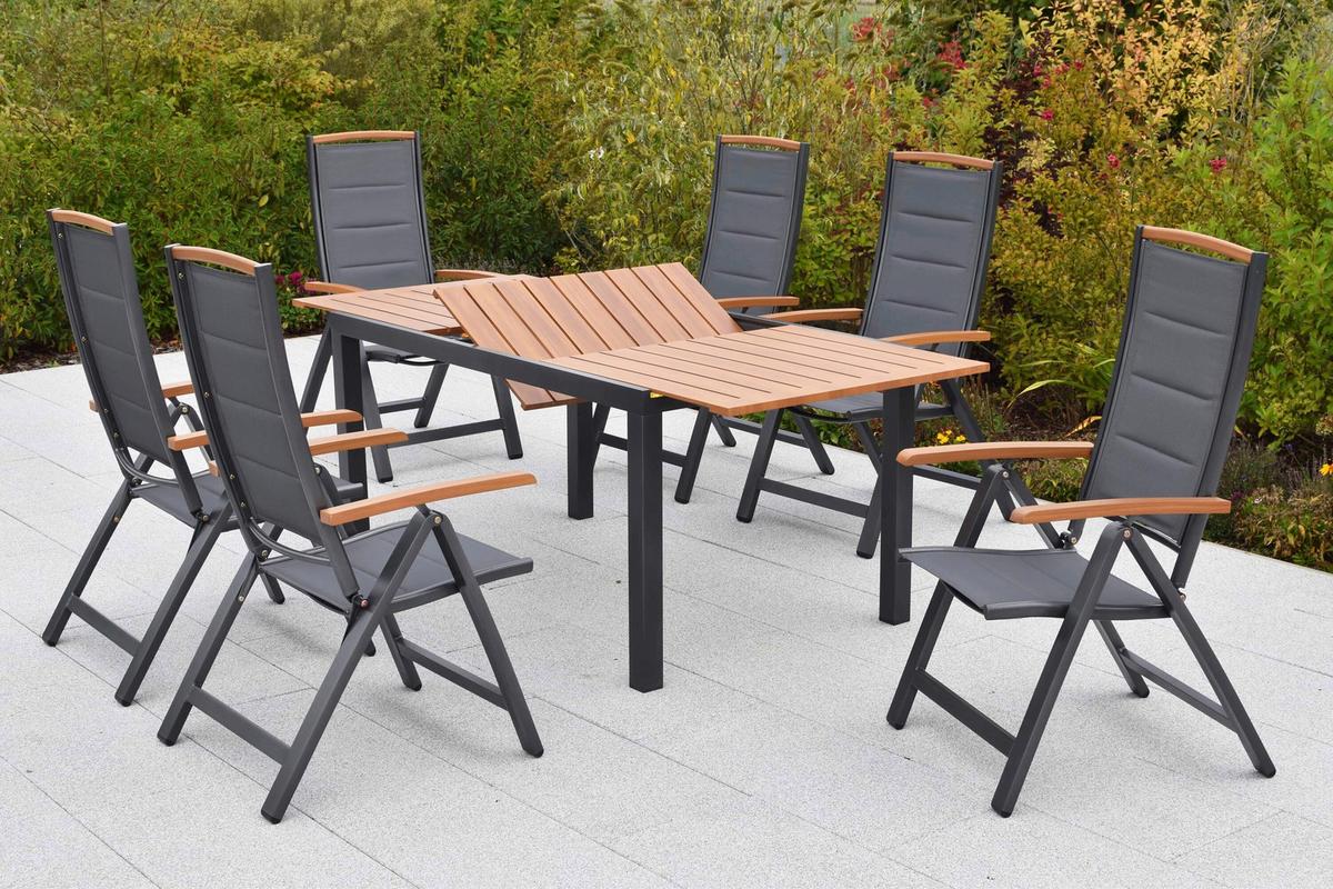 Gartentischgruppe Tino 7-tlg. Graphitfarben - Graphitfarben/Naturfarben, KONVENTIONELL, Textil/Metall - Gardenson