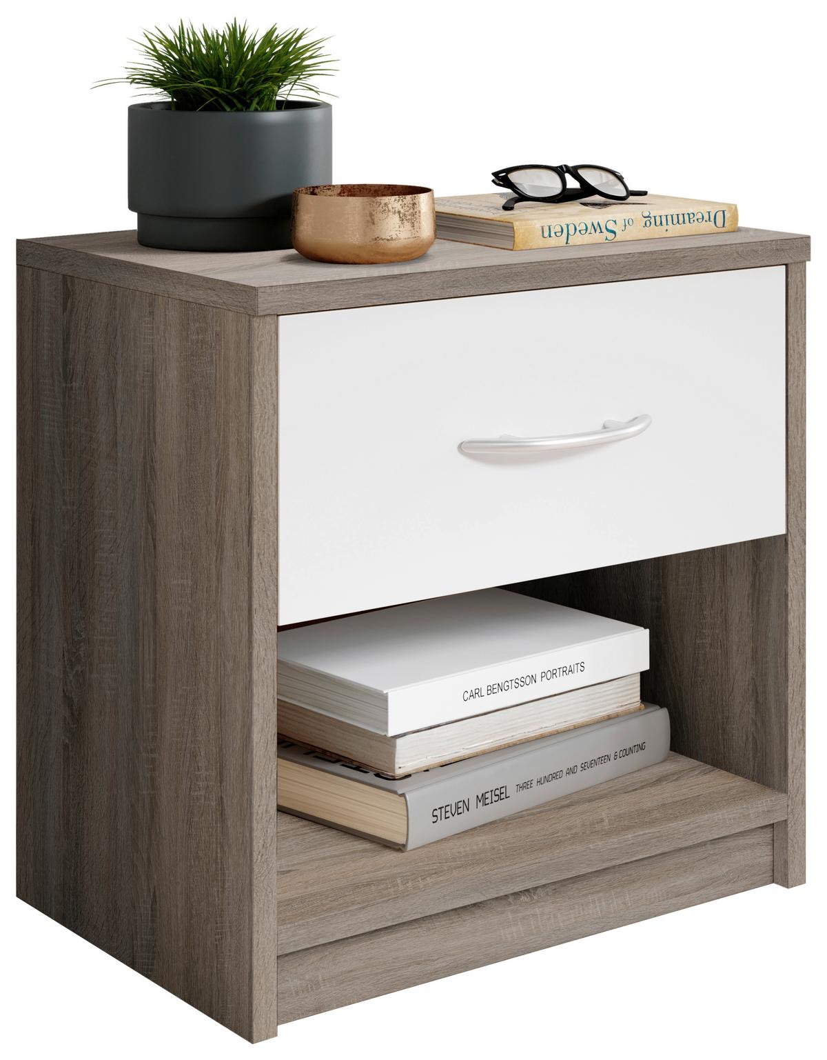 Nachtkästchen Fair Weiß/Trüffeleichefarben - Silberfarben/Trüffeleichefarben, KONVENTIONELL, Holzwerkstoff/Kunststoff (39/41/28cm) - Based