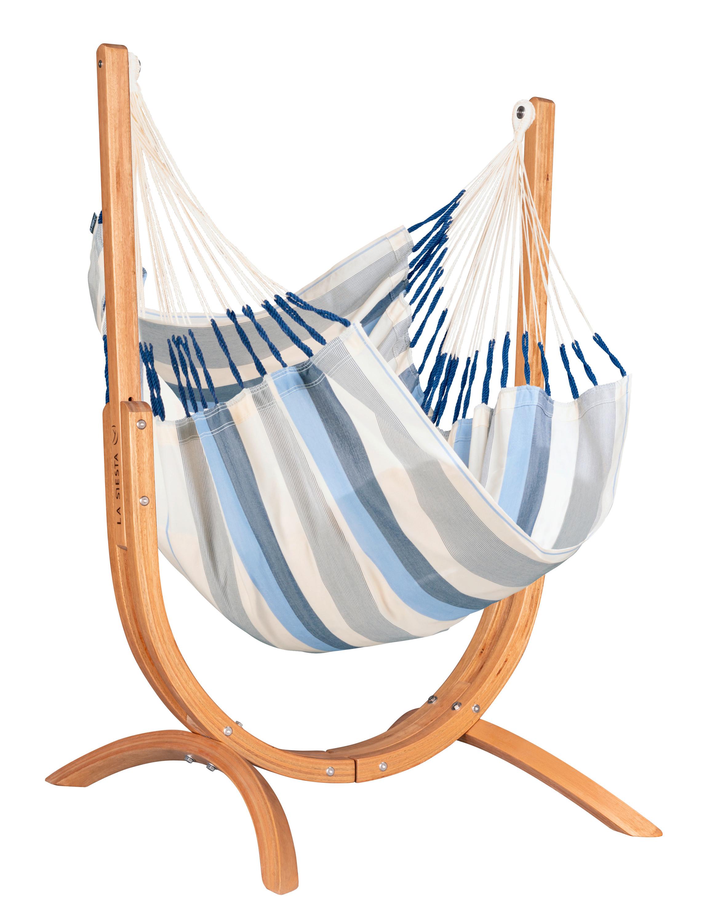 Hängematte Hammock Echtholz Blau/Weiß - Blau/Eukalyptusholzfarben, KONVENTIONELL, Holz/Textil (100/152/92cm) - La Siesta