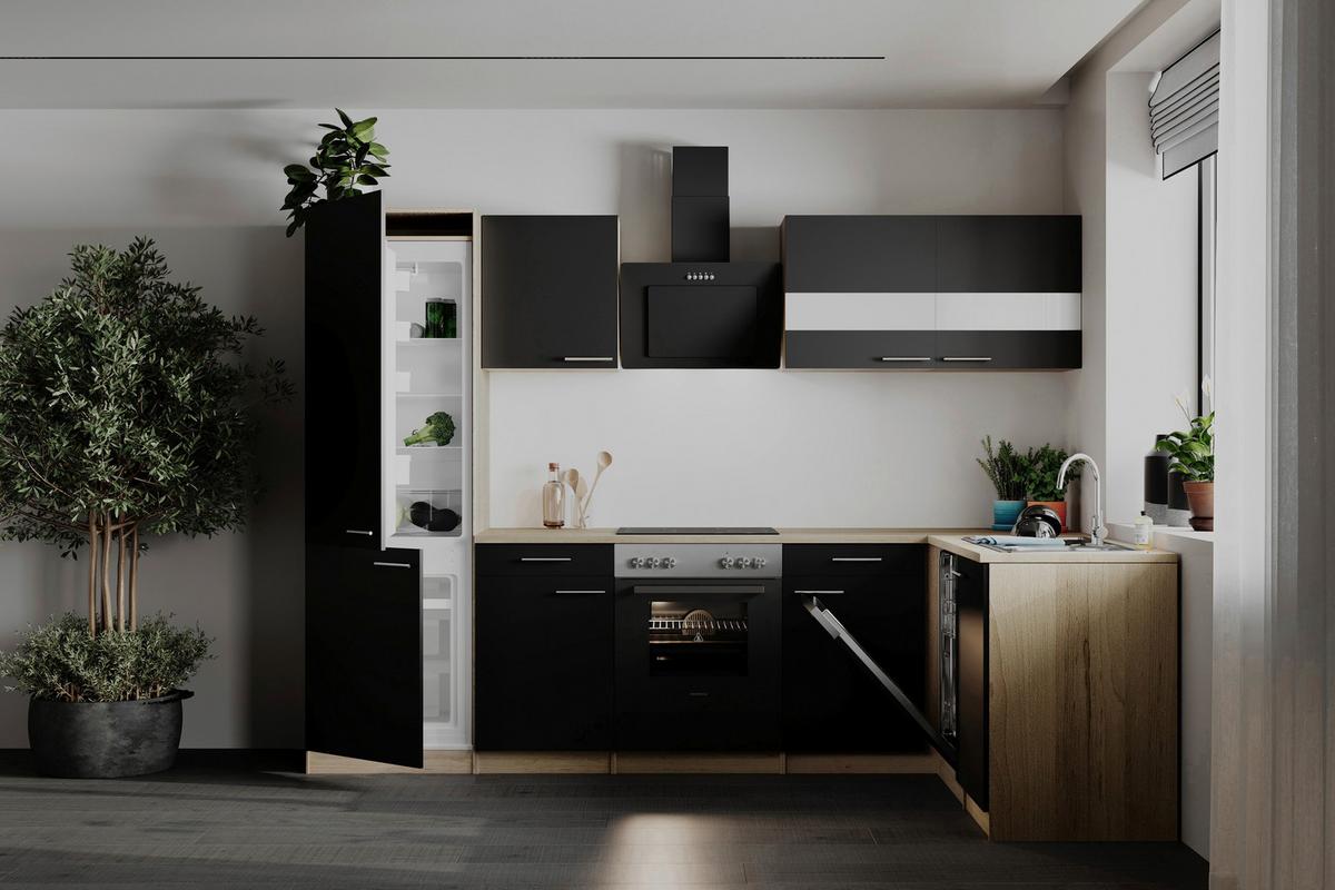 Eckküche Merle o. Geräte ca. 280x172cm Schwarz - Edelstahlfarben/Eichefarben, Basics, Holzwerkstoff/Metall (280/172cm) - Respekta