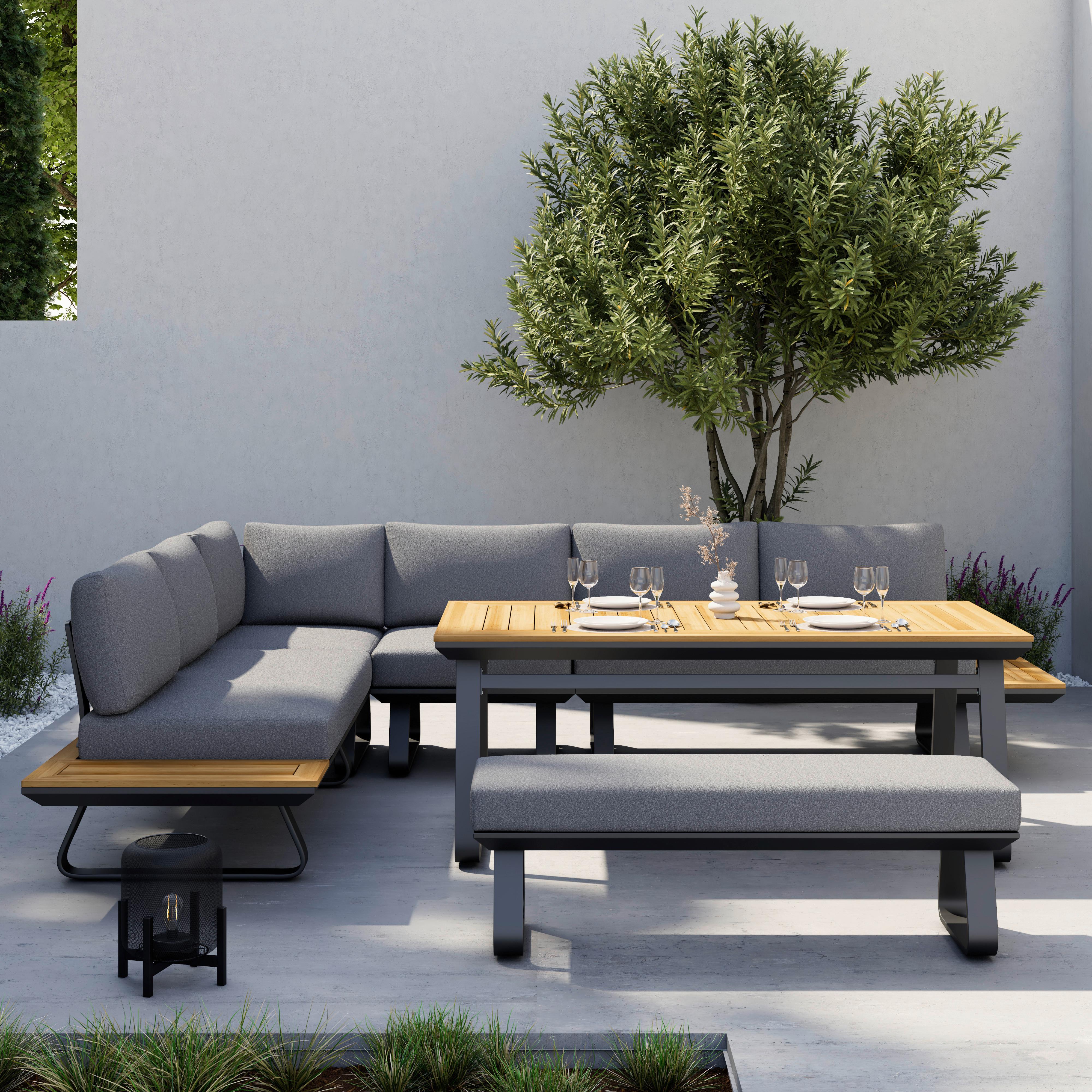 Dining-Loungeset Emma Dunkelg Outdoorstoff/Metall/Polywood - Dunkelgrau/Naturfarben, MODERN, Kunststoff/Textil - Bessagi Garden