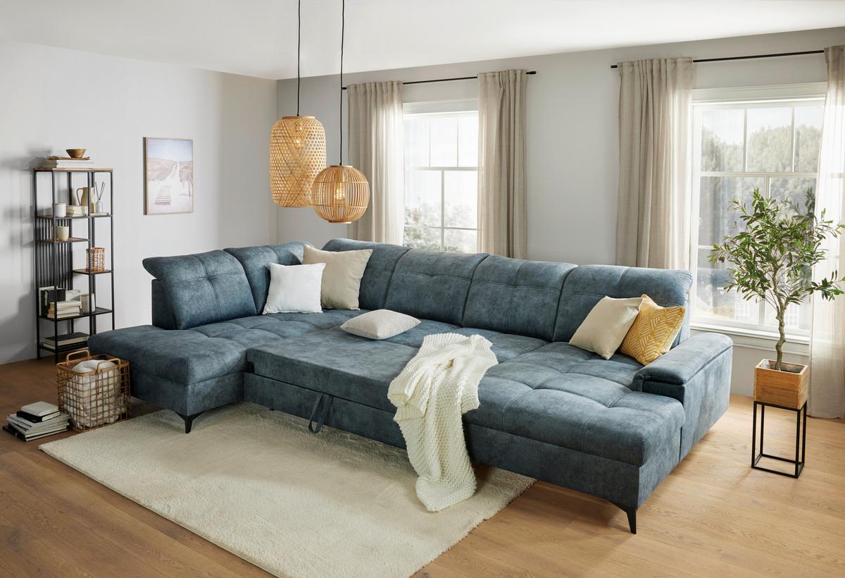 Wohnlandschaft Sierra in Dunkelblau - Blaugrau/Schwarz, MODERN, Textil/Metall (230/364/181cm) - Mömax