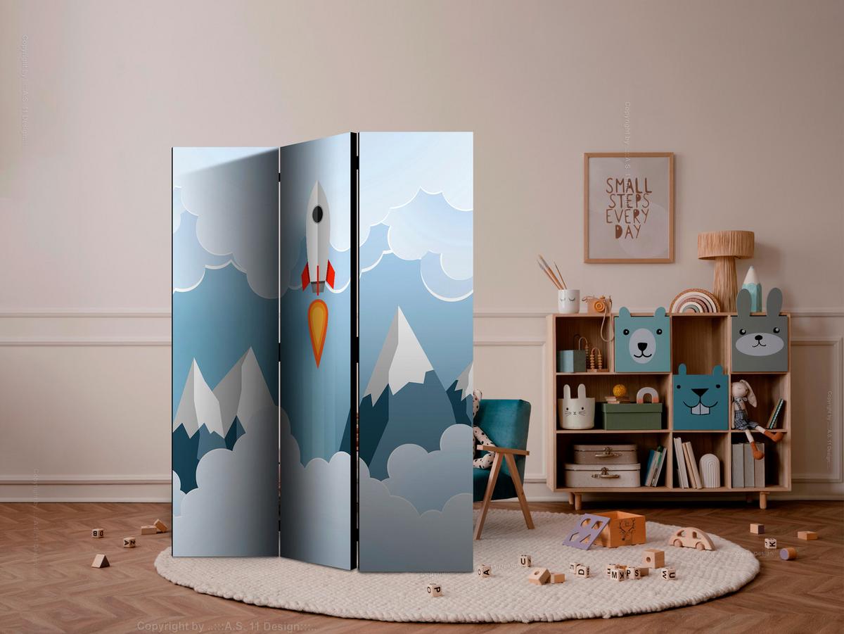 Paravan Rocket In The Clouds, 3-Delni, Dvostranski - svetlo modra/bela, Basics, tekstil/les (135/172/3cm) - artgeist