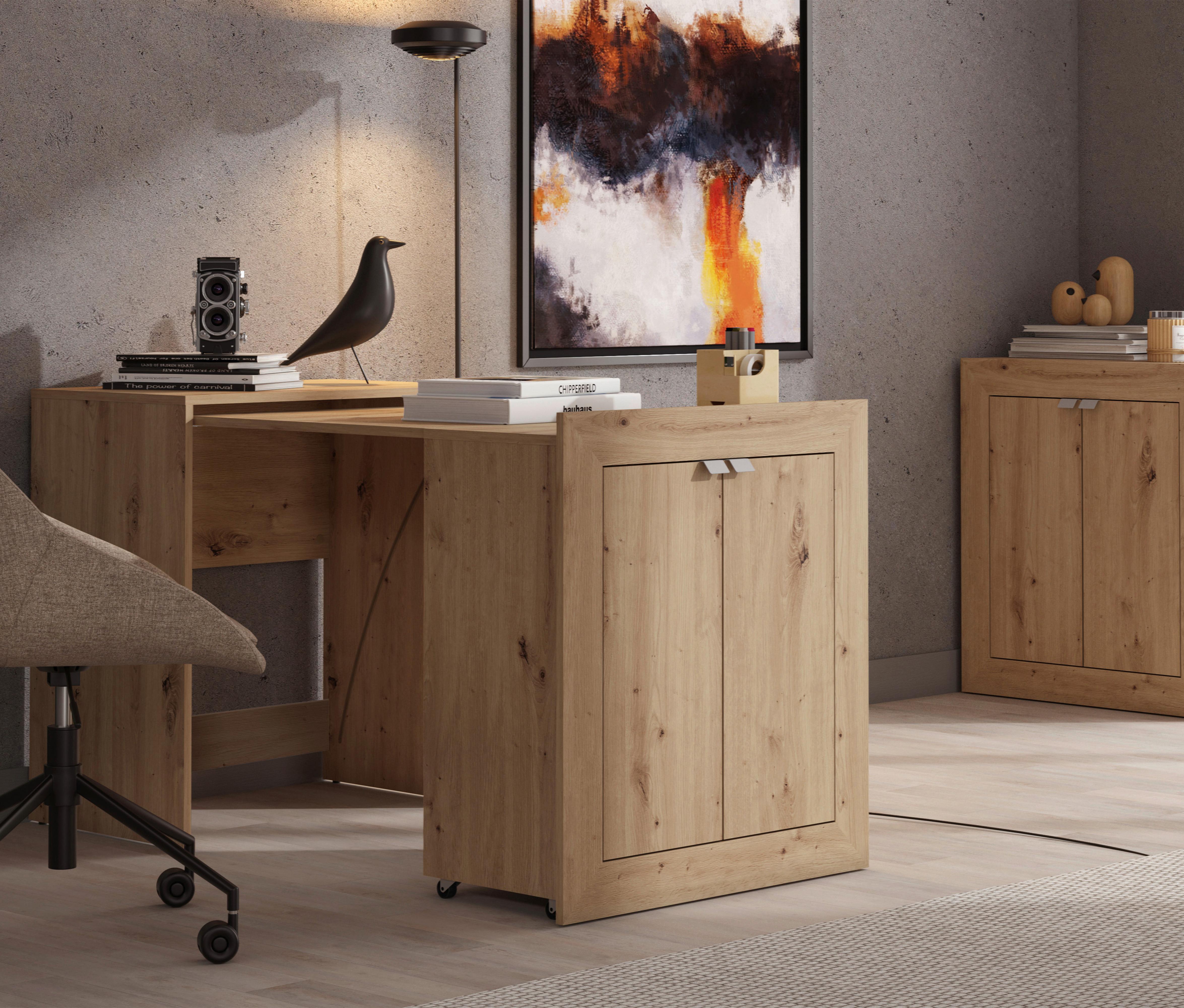 Schreibtisch Eudox Eiche Artisan ausziehbar - Eiche Artisan/Grau, MODERN, Holzwerkstoff/Kunststoff (72/140,5/79,5cm) - Mömax