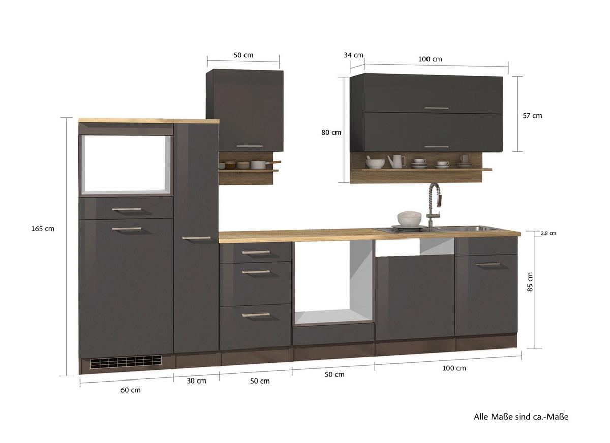 Küchenleerblock Mailand o. Geräte Graphitfarben - Silberfarben/Graphitfarben, MODERN, Glas/Holzwerkstoff (310cm) - Held