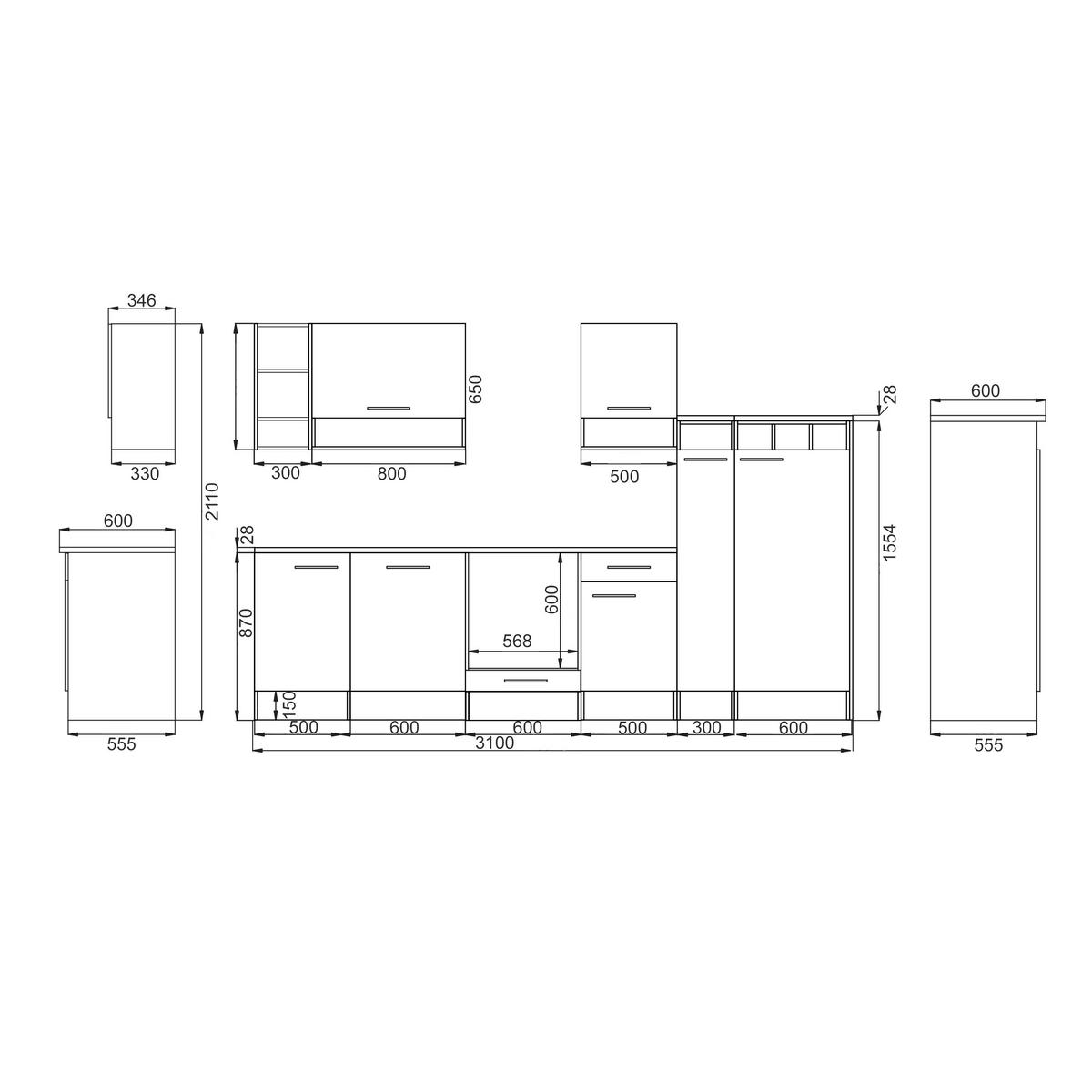 Küchenleerblock LBBEKB310EGC - Wildeiche/Edelstahlfarben, Basics, Holzwerkstoff/Metall (310cm) - Respekta