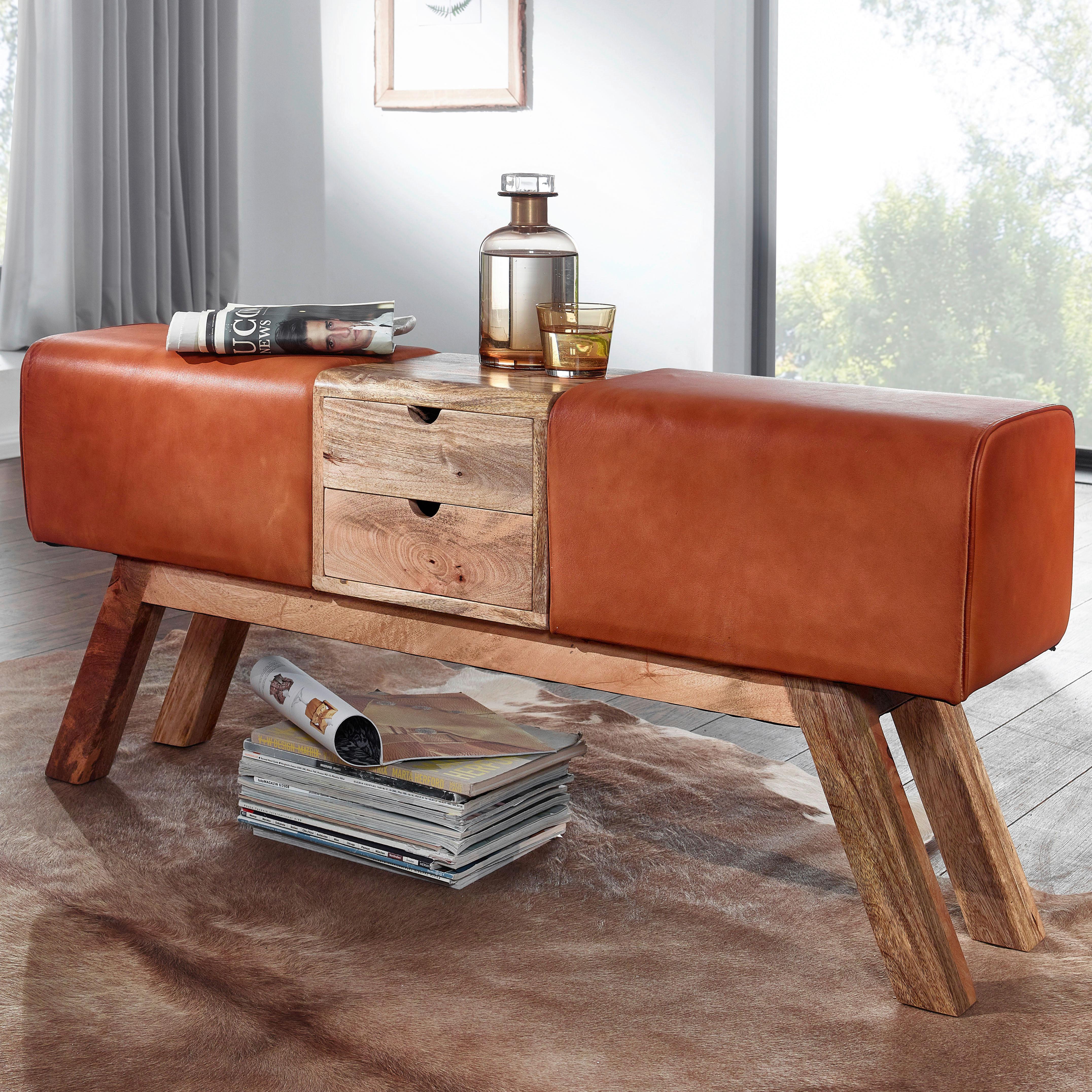 Garderobenbank ca. 12x56x30 cm Leder Braun - Braun, MODERN, Leder/Holz (120/56/30cm) - MID.YOU