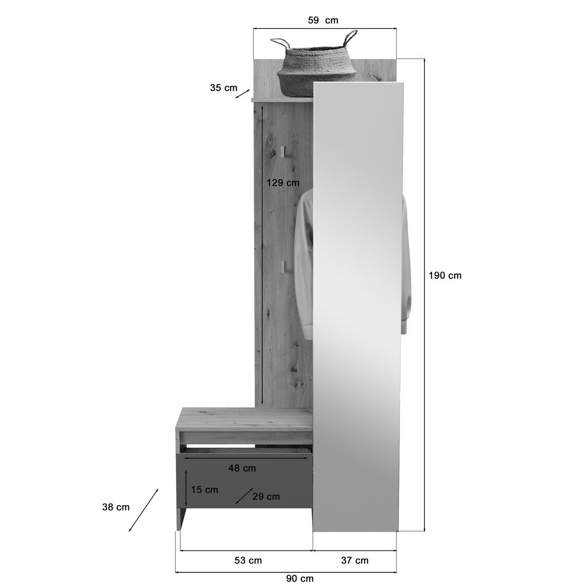 Garderobe Torino ca. 90x180 cm Eiche/Grau - Eiche Artisan/Grau, MODERN, Glas/Holzwerkstoff (90/180/39cm) - MID.YOU