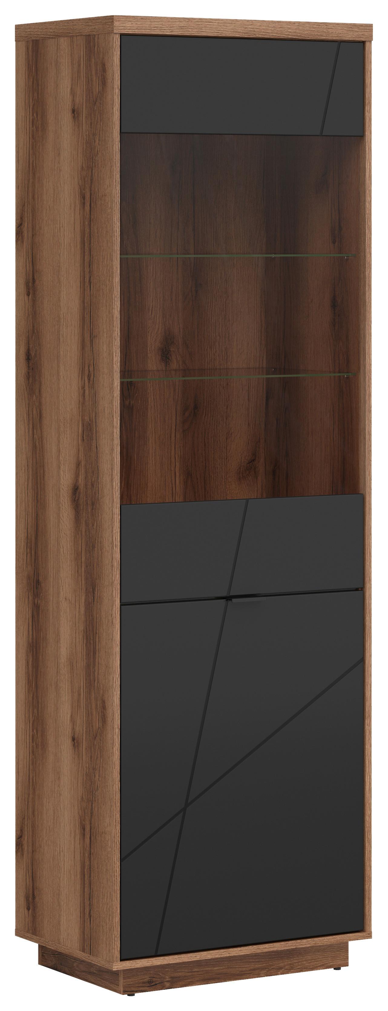WITRYNA FORN GLASS-DOOR CABINET - kolor dębowy/czarny, Design, materiał drewnopochodny/tworzywo sztuczne (64/200,5/42,5cm)