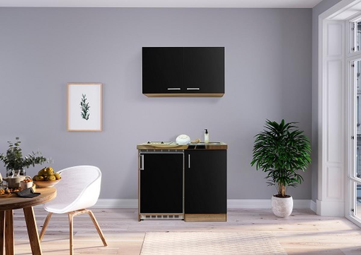 Miniküche Schwarz/Eiche Sonoma m. Geräten B: ca. 100cm - Edelstahlfarben/Schwarz, MODERN, Holzwerkstoff/Kunststoff (100cm) - Respekta