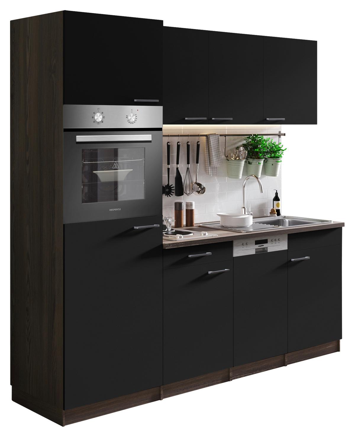 Küchenblock Oliver mit Geräten ca. 205 cm Schwarz - Eichefarben/Schwarz, Basics, Holzwerkstoff/Kunststoff (205cm) - Respekta