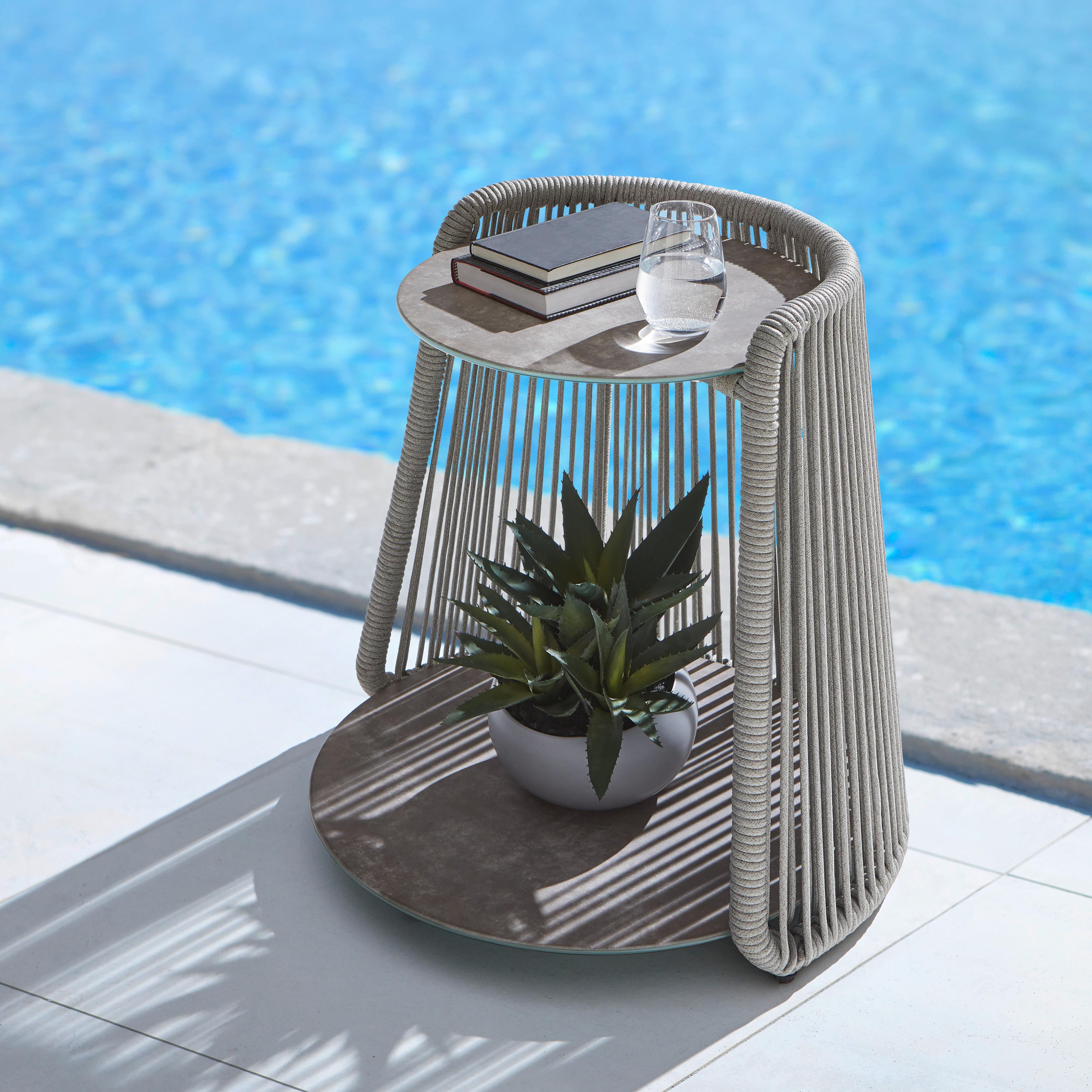 Gartenbeistelltisch "Zoe", Schnurgeflecht, grau - Schwarz/Grau, MODERN, Glas/Kunststoff (56,5/58/54cm) - Bessagi Garden