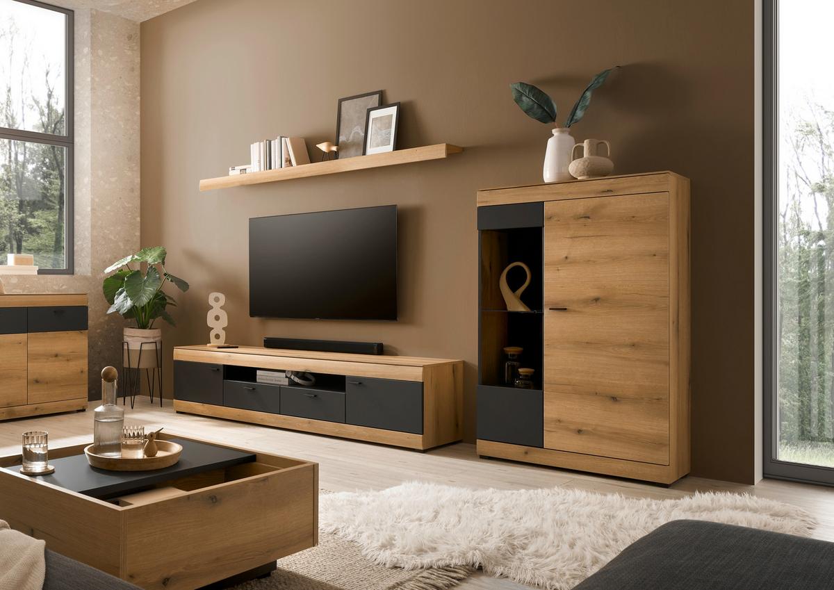 WOHNWAND SOLETO - Eichefarben/Graphitfarben, Design, Glas/Holzwerkstoff (300/170/45cm) - MID.YOU