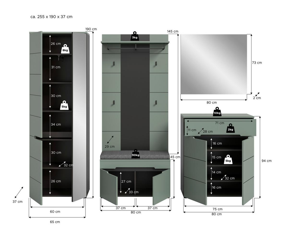 Predsoba Canu, Sivozelena, Z Blazino, 6-Delna - siva/sivozelena, Design, leseni material (255/190/37cm) - Livetastic