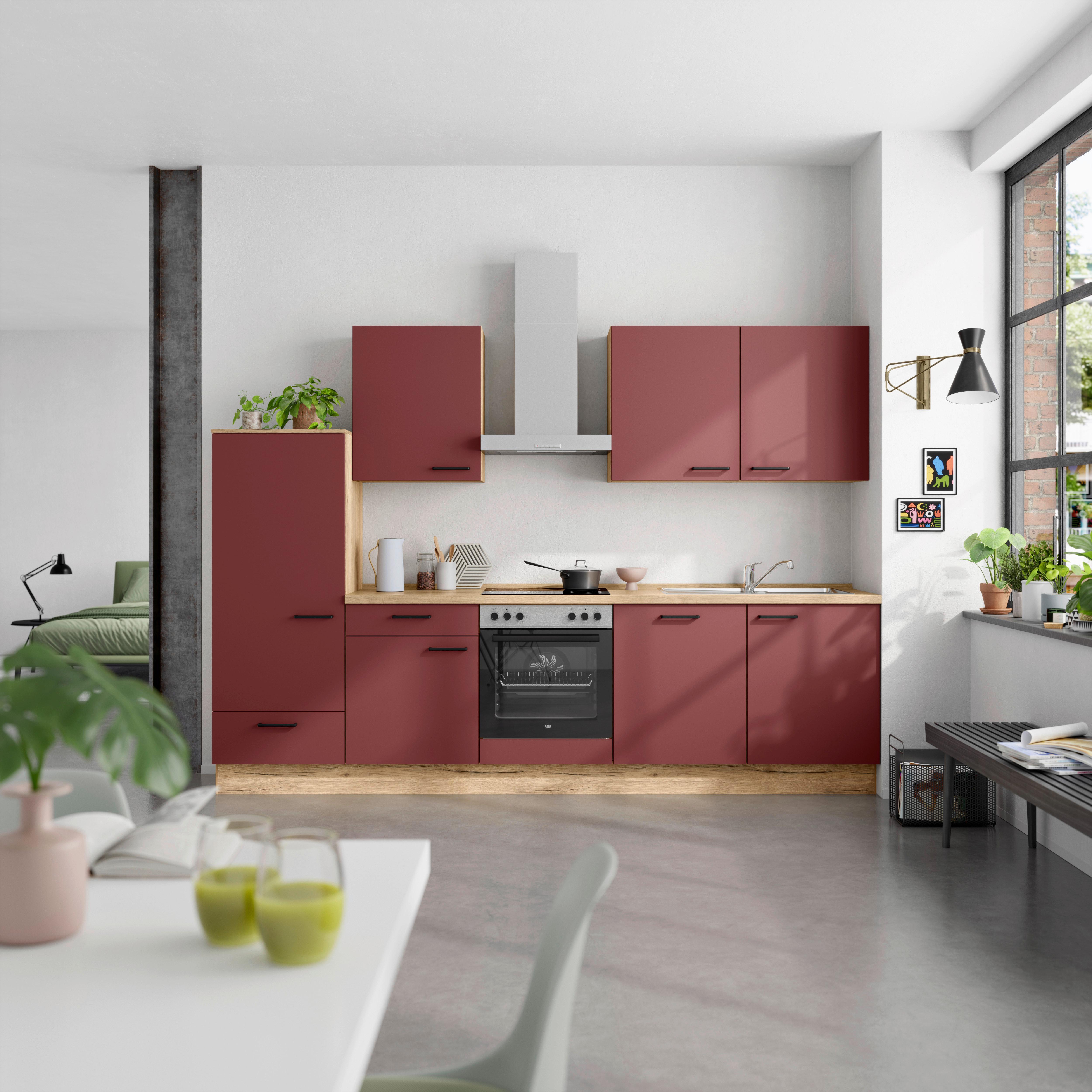 Küchenblock Easytouch Low m. Geräten Dunkelrot - Eichefarben/Schwarz, MODERN, Holzwerkstoff/Metall (300cm) - Nobilia