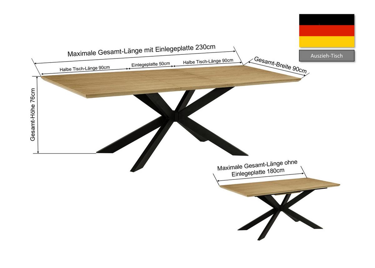 Raztegljiva Miza Kalmar, Barva Hrasta, Črna, 180-230x90 - črna/barve hrasta, Moderno, kovina/leseni material (180-230/90/76cm) - P & B