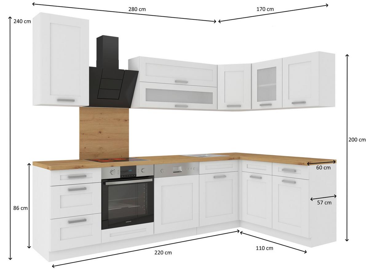 Bucătărie standard LUISA - alb, Romantik / Landhaus, sticlă/material pe bază de lemn (280/170cm)