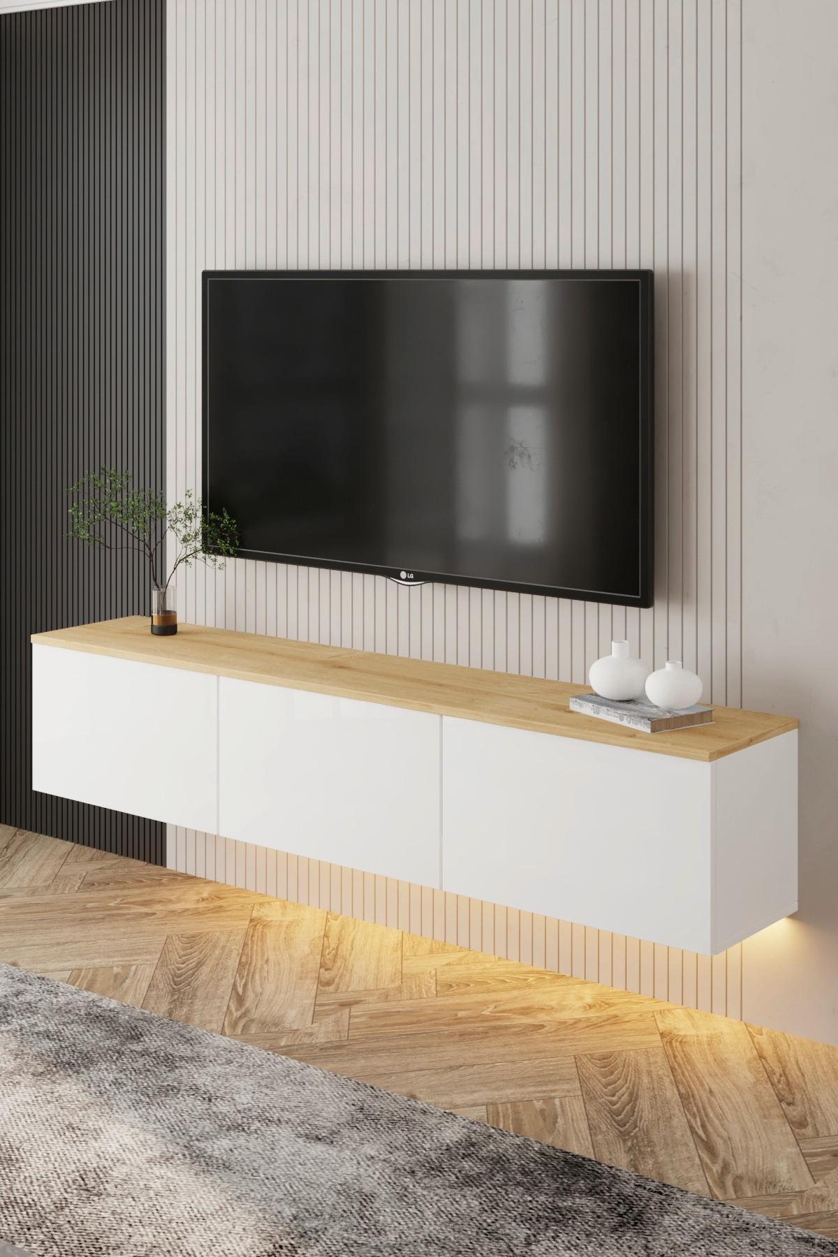 LOWBOARD NEON TV-MÖBEL - Weiss/Eichefarben, Design, Holzwerkstoff (160/35/32cm) - Livetastic