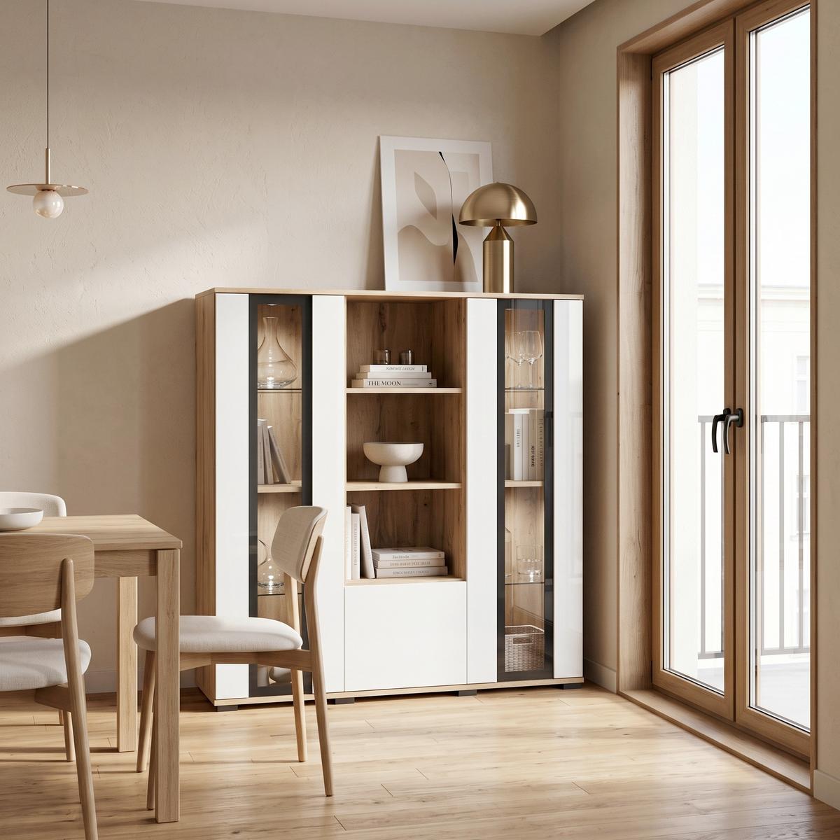 Highboard Caro 120 - Weiss Hochglanz/Eiche Wotan, Design, Glas/Holzwerkstoff (120/121,9/39,5cm) - P & B