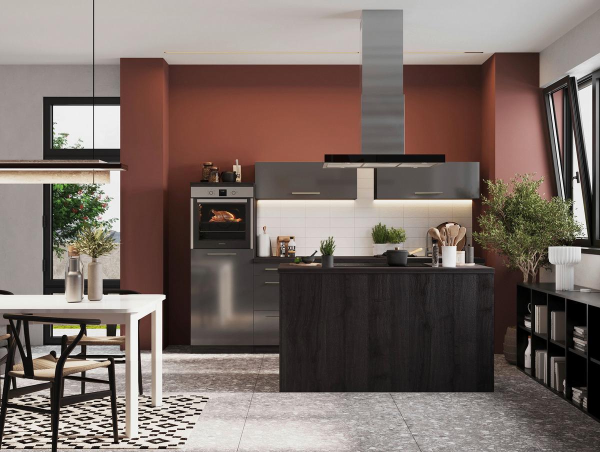Inselküche Premium Grau m. Geräten B: ca. 280 cm - Eichefarben/Grau, Basics, Holzwerkstoff/Metall (280/160cm) - Respekta