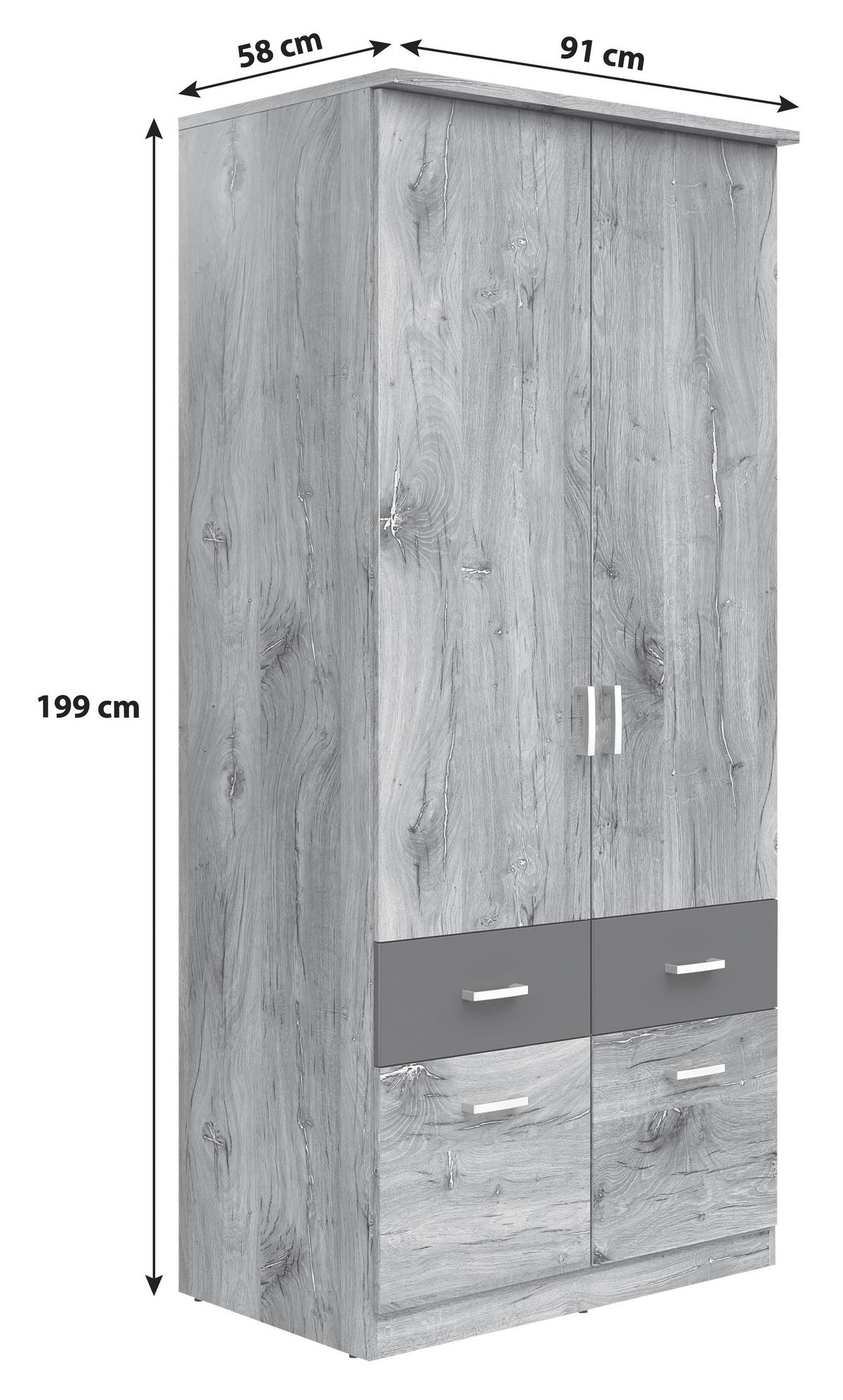 Omara Za Oblačila Brando 2, Hrast, Temno Siva, Š. 91 Cm - srebrne barve/barve hrasta, Konvencionalno, umetna masa/leseni material (91/199/58cm)