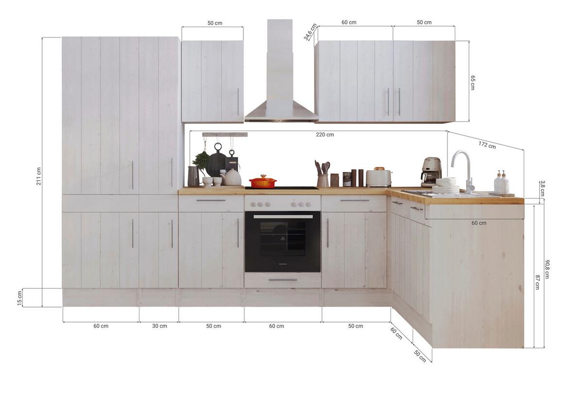 Eckküche Premium Lärche Weiß ca. 310x172 cm - Eichefarben/Weiß, ROMANTIK / LANDHAUS, Holzwerkstoff/Metall (310/172cm) - Respekta