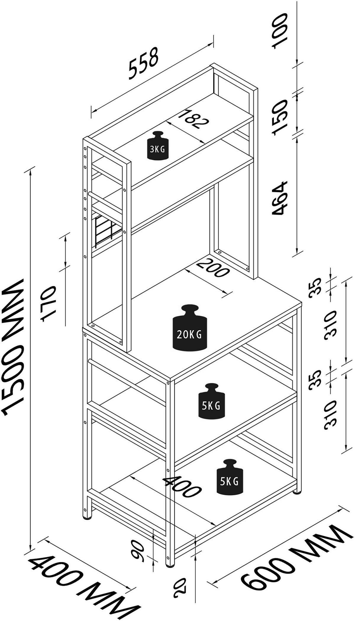 Küchenregal Kolari ca. 60x150 cm Schwarz/Eiche - Eichefarben/Schwarz, Design, Holzwerkstoff/Metall (60/150/40cm) - MID.YOU