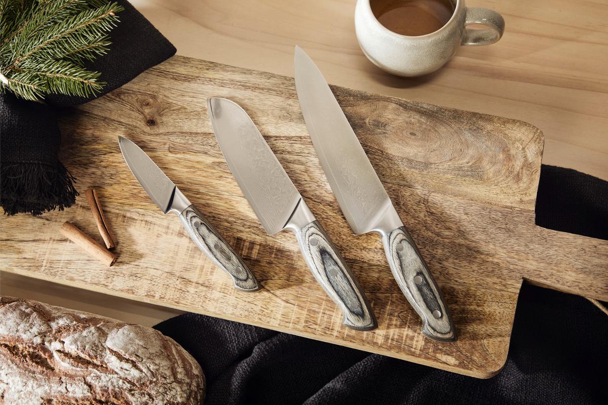 Messerset Damast, 3-teilig - Silberfarben/Grau, Holzwerkstoff/Metall (36,2/3,2/17,4cm) - Premium Living