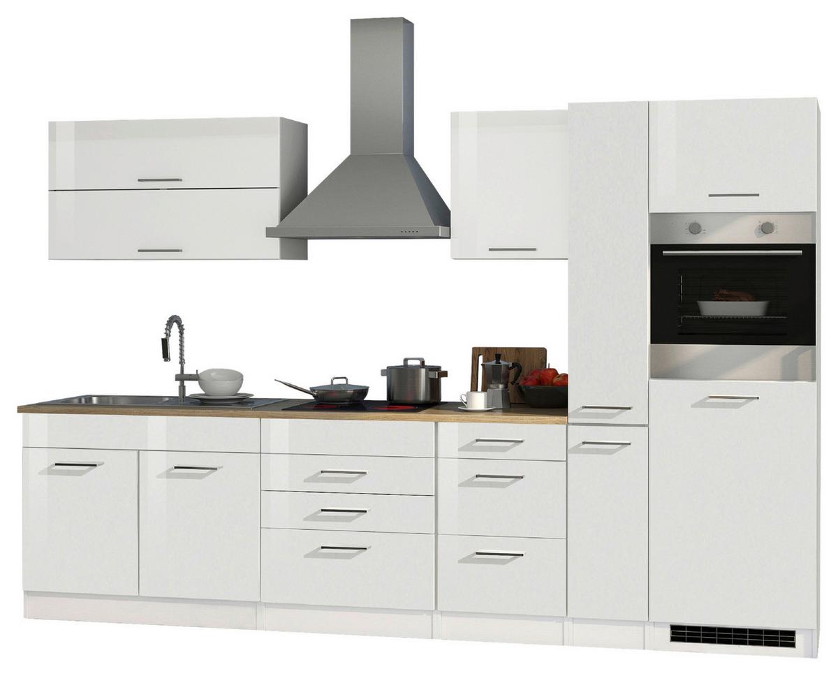 Küchenblock Mailand m. Geräten Weiß Hochglanz - Weiß Hochglanz/Silberfarben, MODERN, Holzwerkstoff/Metall (320cm) - Held