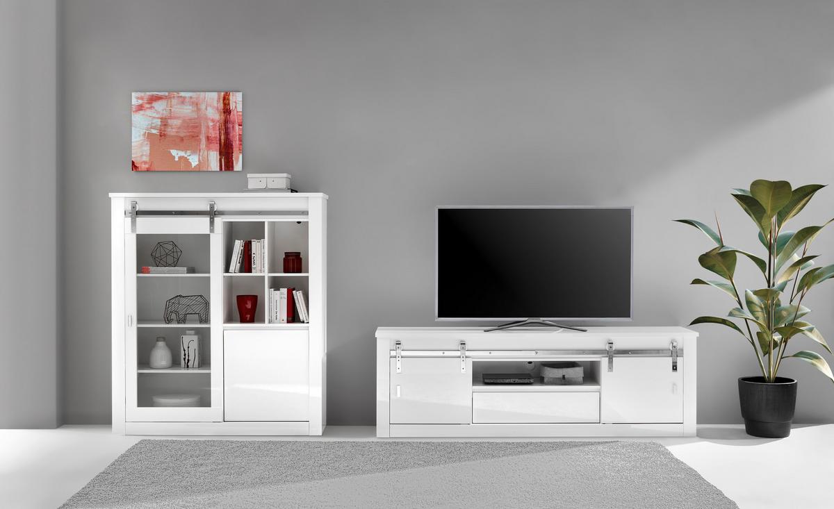 Wohnwand Daytona Weiß/Weiß Hochglanz - Chromfarben/Weiß Hochglanz, Design, Holzwerkstoff/Metall (349/152/43cm) - Livetastic