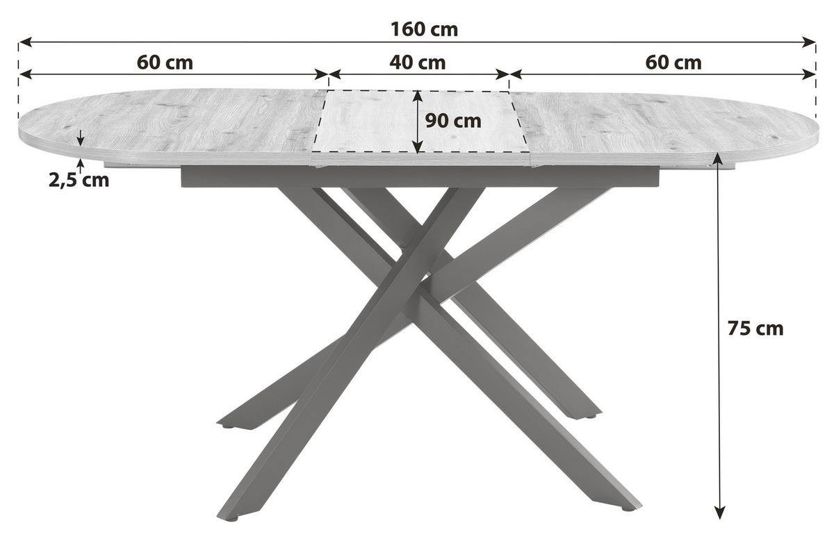 Jedilna Miza Ezra, Barva Hrasta, 120-160x90 - črna/divji hrast, Trendi, kovina/leseni material (120/75/90cm)