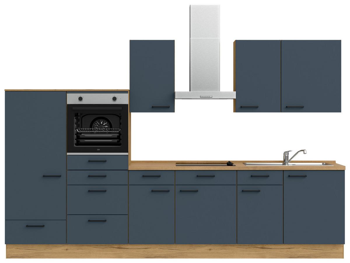 Küchenblock Easytouch Low m. Geräten Blau - Blau/Eichefarben, MODERN, Holzwerkstoff/Metall (330cm) - Nobilia