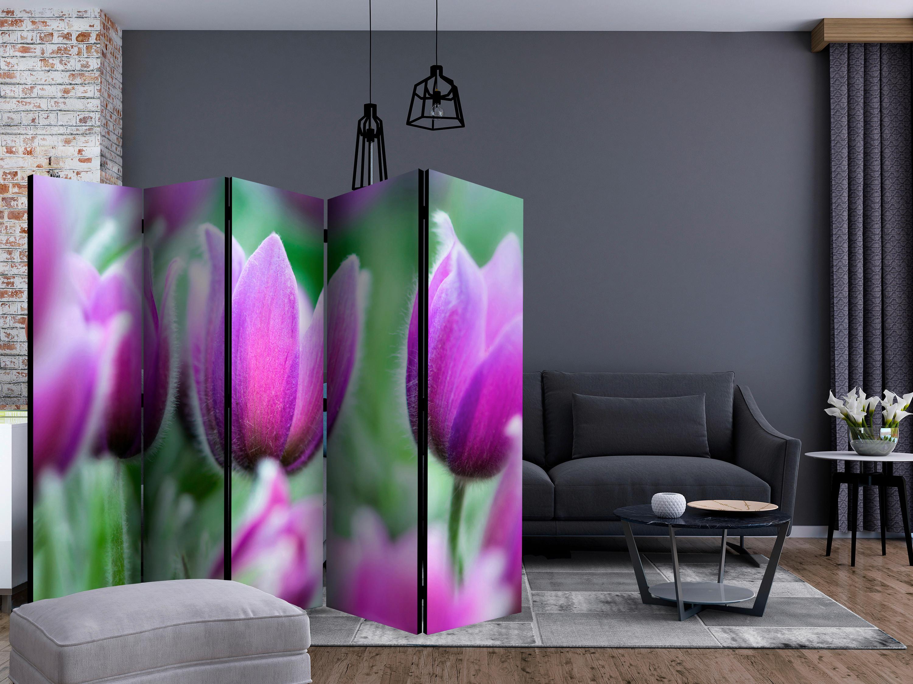 Paravan Purple Spring Tulips I, 5-Delni, Dvostranski - vijolična/zelena, Basics, tekstil/les (225/172/3cm) - artgeist